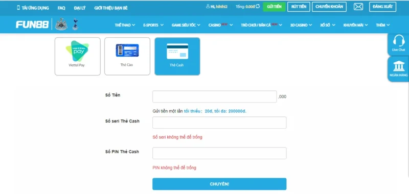 Nạp tiền qua thẻ Cash tại Fun 88 Nạp tiền qua thẻ Cash tại Fun 88